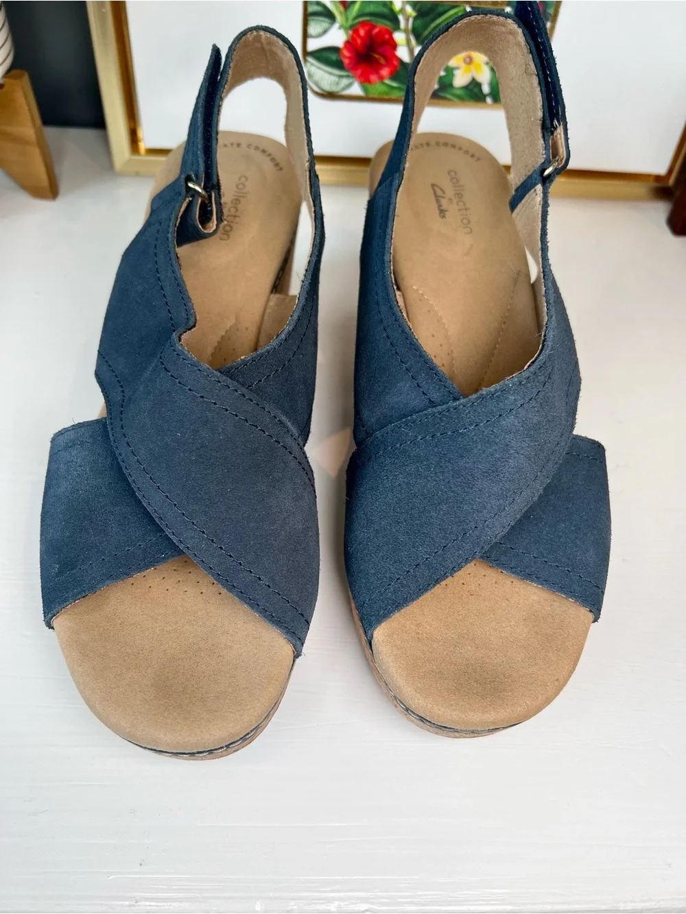 Clarks Giselle Cove Navy Suede Cork Wedge Sandals Ultimate Comfort Sz 9